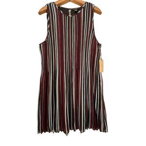 Halogen Dress Sz XL Pleated Sleeveless Shift Black Maroon Striped Modern City